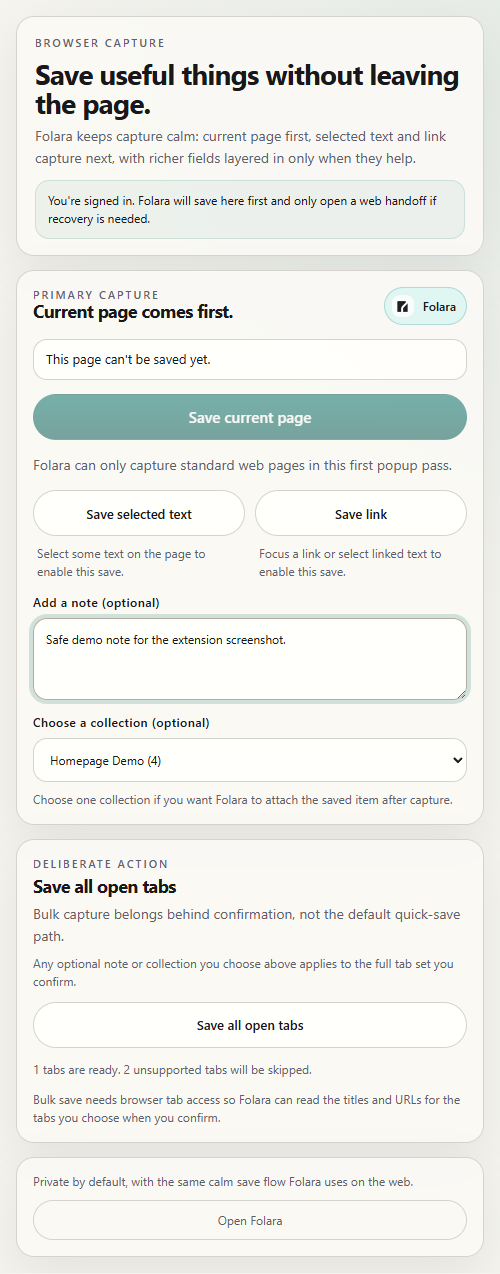 Real Folara browser extension popup screenshot using public-safe demo content