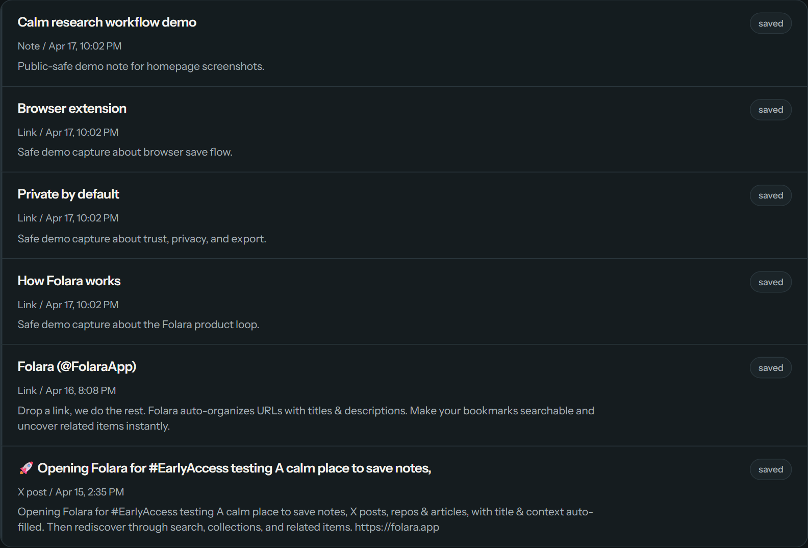 Real Folara inbox screenshot using public-safe demo content