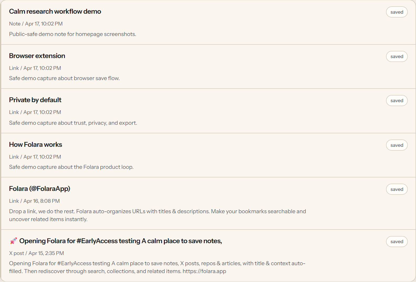 Real Folara inbox screenshot using public-safe demo content