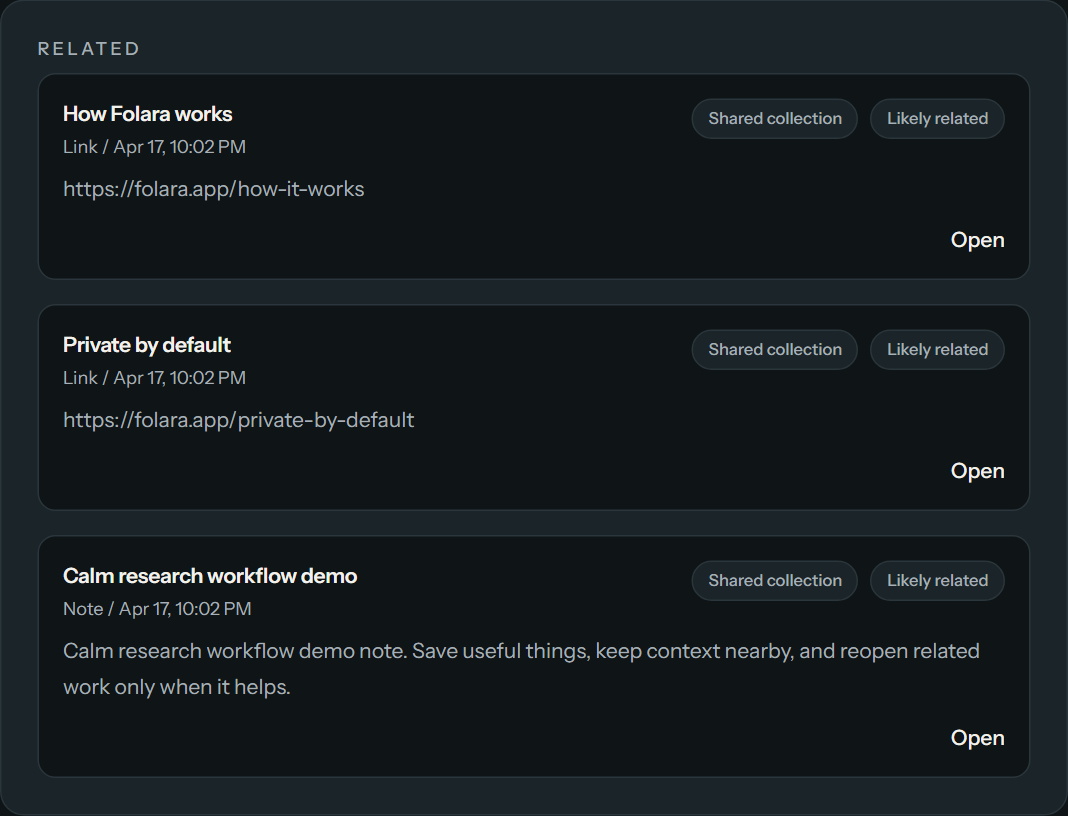 Real Folara related items screenshot using public-safe demo content