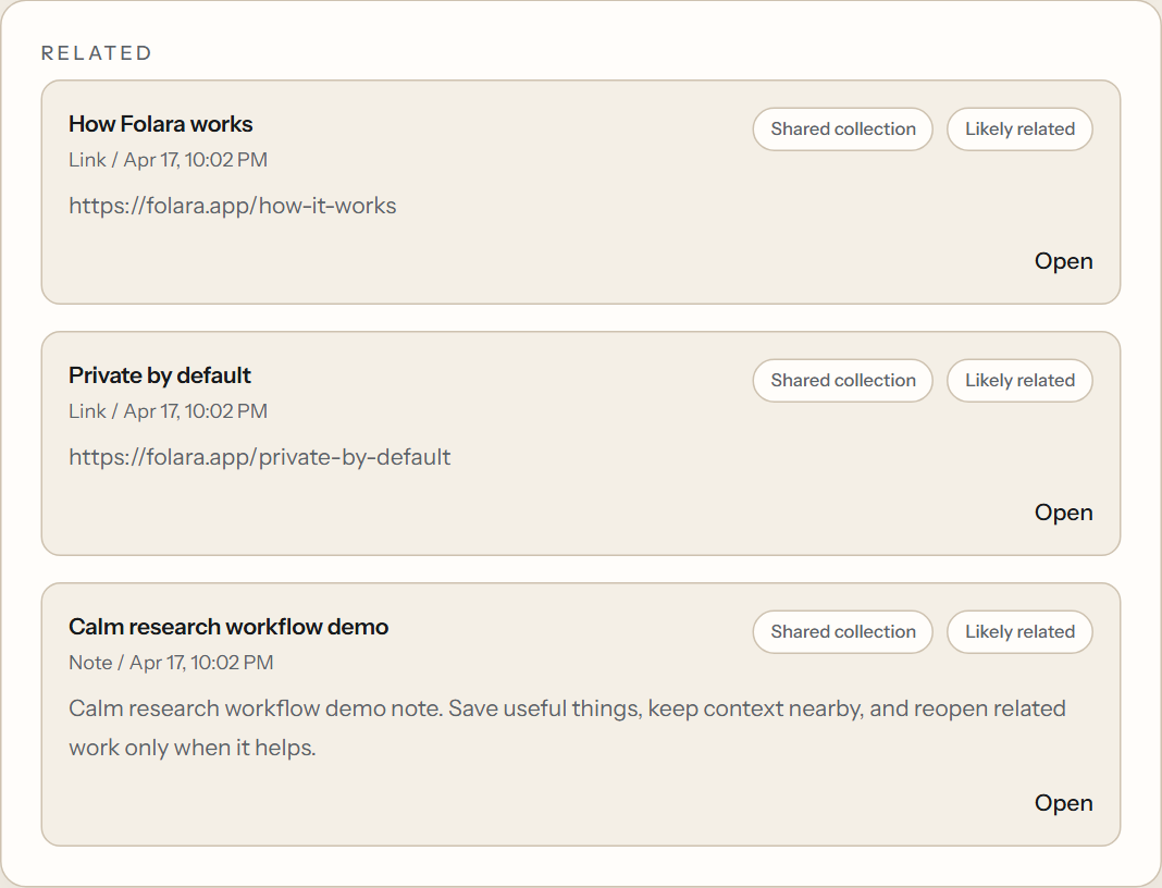 Real Folara related items screenshot using public-safe demo content