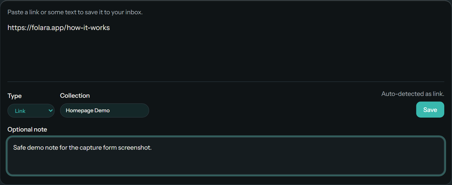 Real Folara save form screenshot using public-safe demo content