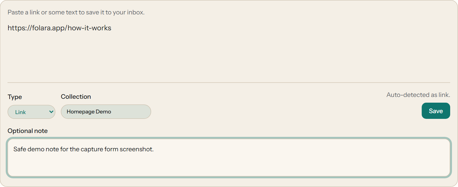 Real Folara save form screenshot using public-safe demo content